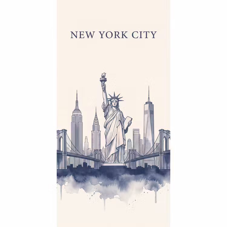 New York - Vrijheidsbeeld - Skyline - Illustratie - Blauw Behang Vlies klein -3d_website
