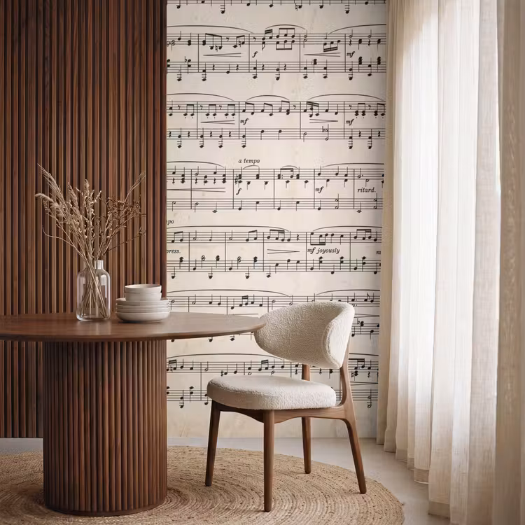 Muzieknotatie - Notenbalken - Kunst - Klassiek - Beige Behang Vlies klein -sfeer1