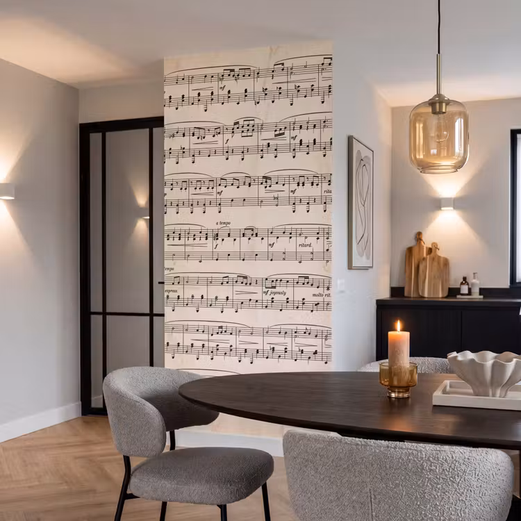 Muzieknotatie - Notenbalken - Kunst - Klassiek - Beige Behang Vlies klein -sfeer3