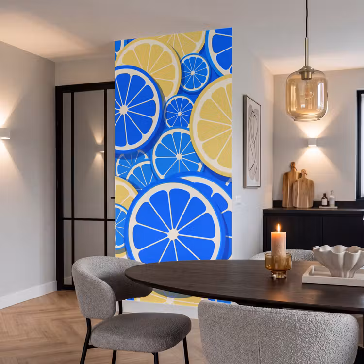 Fruit - Schijven - Patroon - Modern - Blauw - Geel Behang Vlies klein -sfeer3
