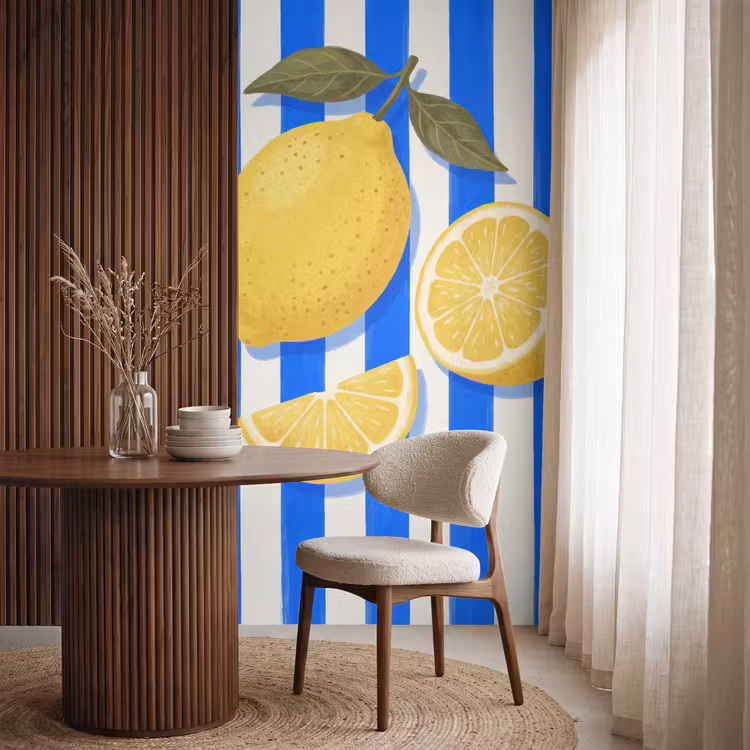 Fruit - Citroen - Zomer - Geel - Blauw Behang Vlies klein -sfeer1