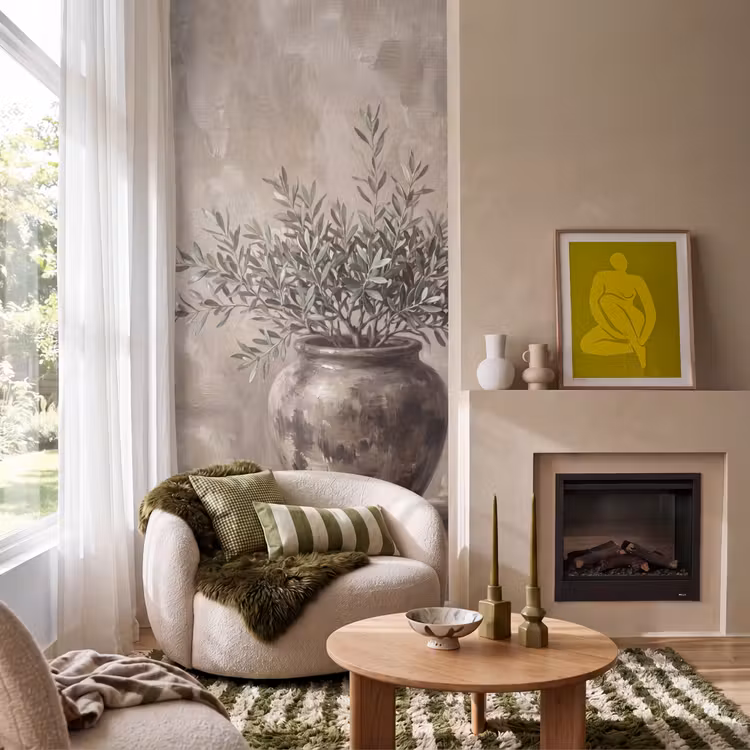 Olijfplant - Aardenpot - Abstract - Beige Behang Vlies klein -sfeer2