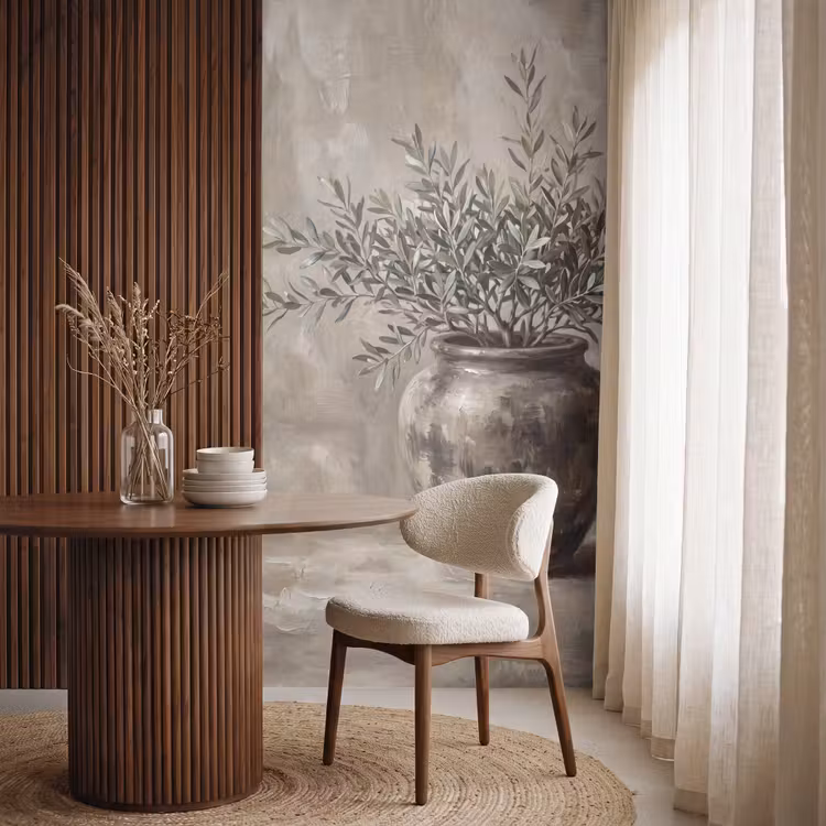 Olijfplant - Aardenpot - Abstract - Beige Behang Vlies klein -sfeer1