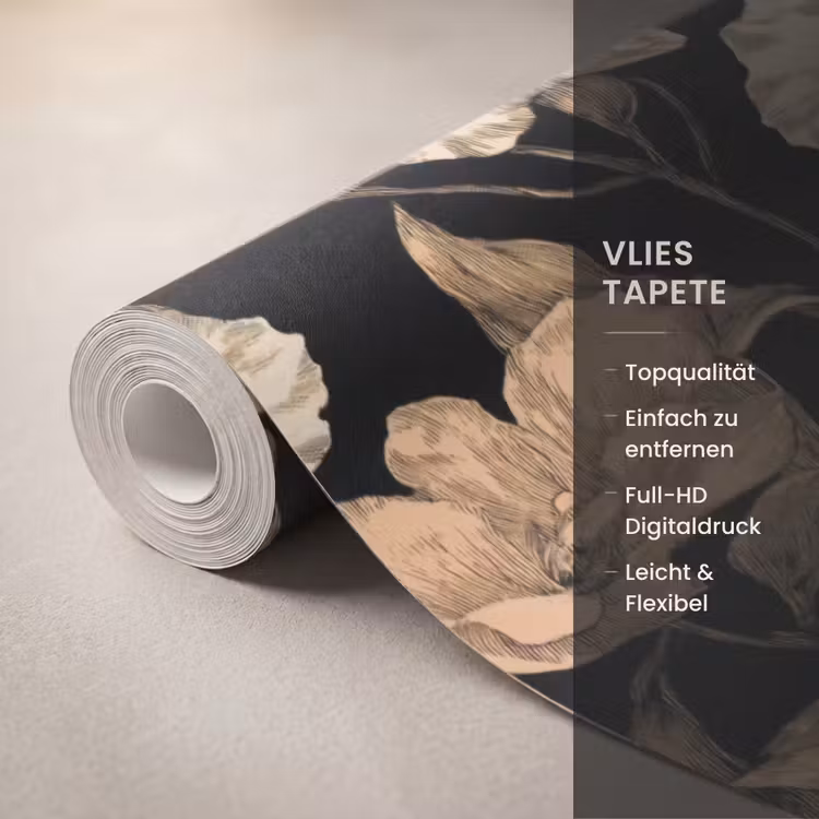 Orchideeën - Lijntekening - Patroon - Beige - Zwart Behang Vlies klein 1076 -USP_closeupDE