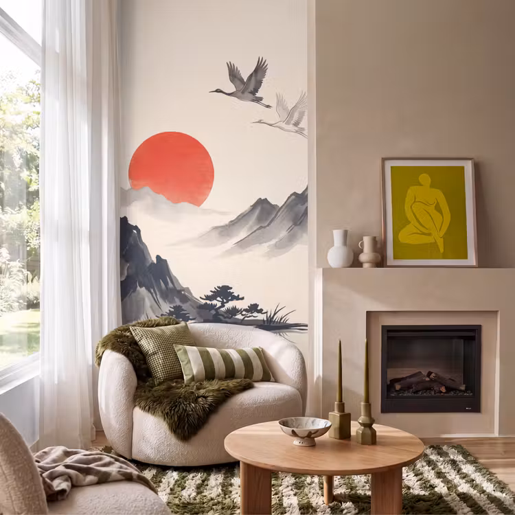 Oosters - Kraanvogels - Landschap Behang Vlies klein -sfeer2
