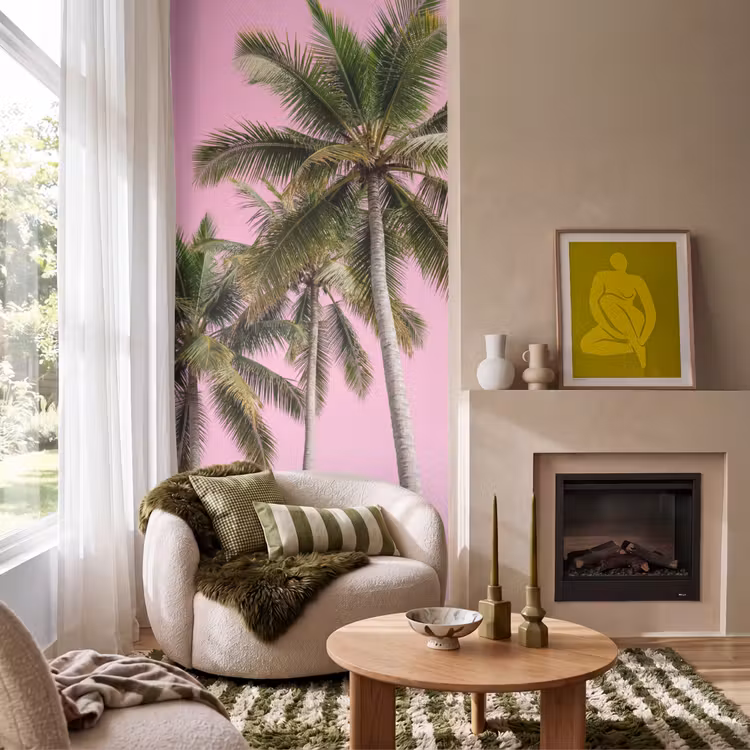 Palmboom - Tropisch - Pink Behang Vlies klein -sfeer2