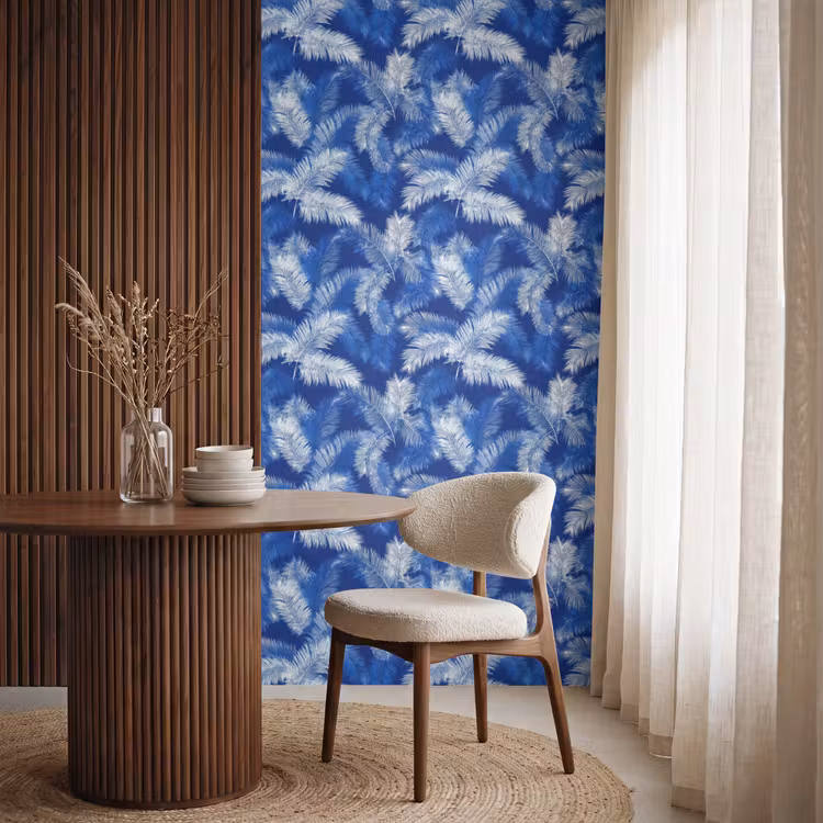 Palmblad - Patroon - Blauw Behang Vlies klein 1076 -sfeer1