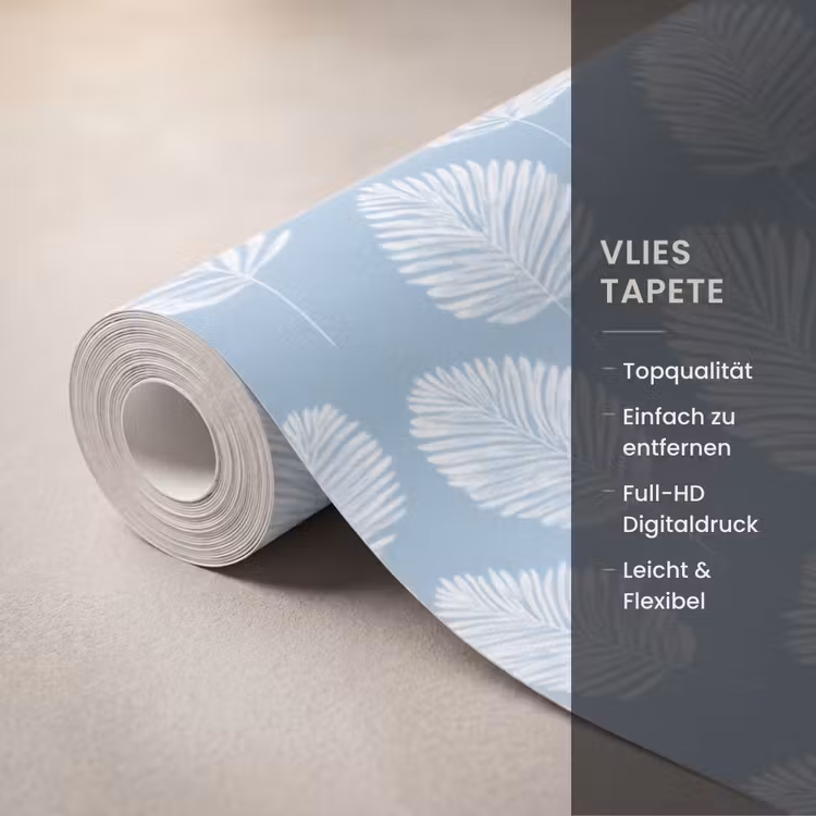 Palmbladeren - Naadloos - Patroon - Pastelblauw Behang Vlies klein 1076 -USP_closeupDE