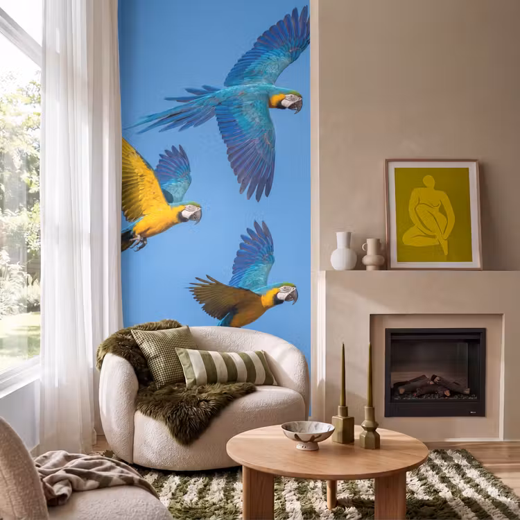 Papagaai - Vliegen - Blauw - Geel Behang Vlies klein -sfeer2