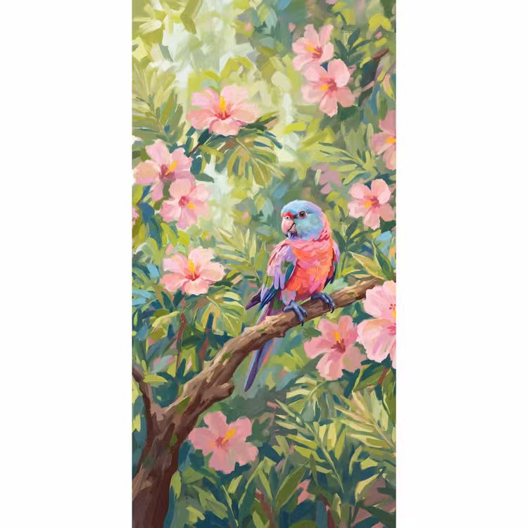 Papagaai - Hibiscusbloemen - Kleurrijk Behang Vlies klein -3d_website