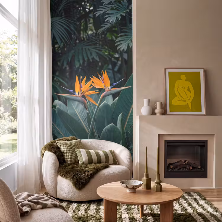 Paradijsvogel - Bloem - Exotisch Behang Vlies klein -sfeer2