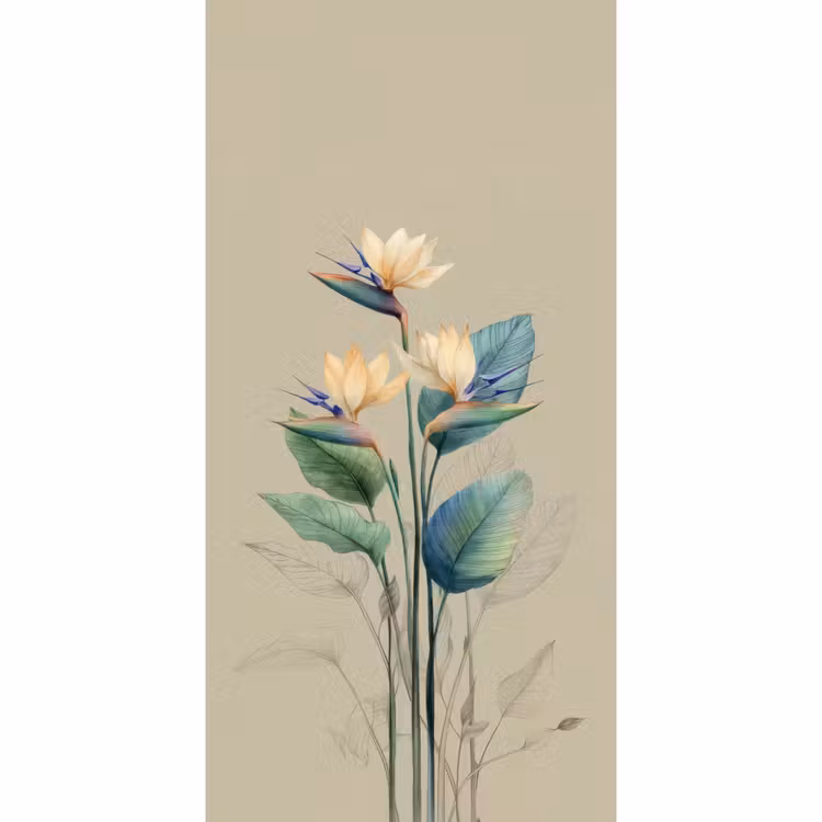 Paradijsvogelbloemen - Blauwgroene bladeren - Beige Behang Vlies klein -3d_website