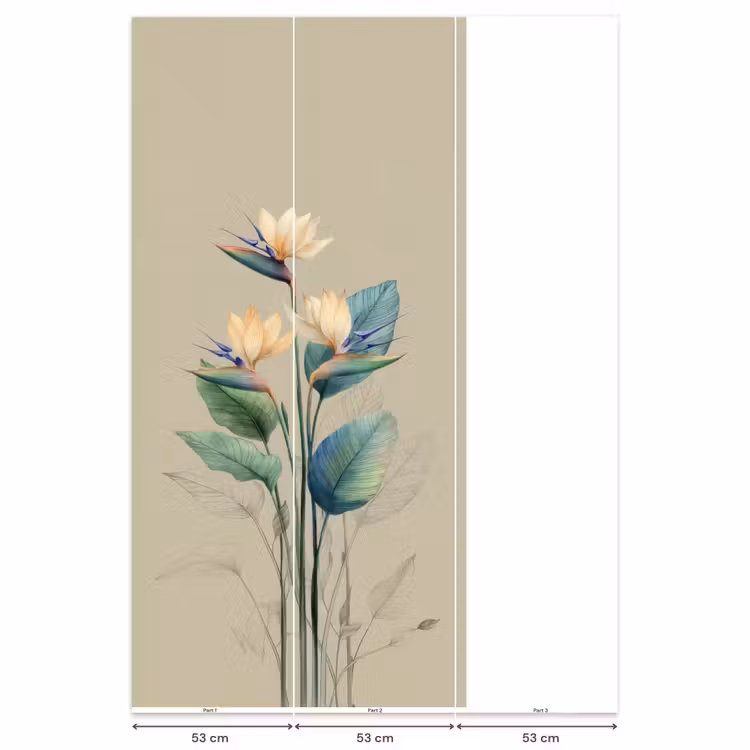 Paradijsvogelbloemen - Blauwgroene bladeren - Beige Behang Vlies klein -USP_banen