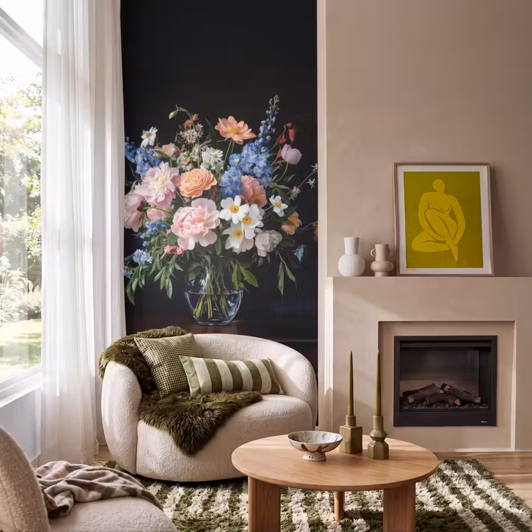Pastel - Bloemen - Glazen - Vaas Behang Vlies klein -sfeer2