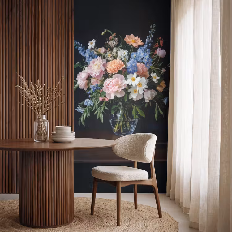 Pastel - Bloemen - Glazen - Vaas Behang Vlies klein -sfeer1