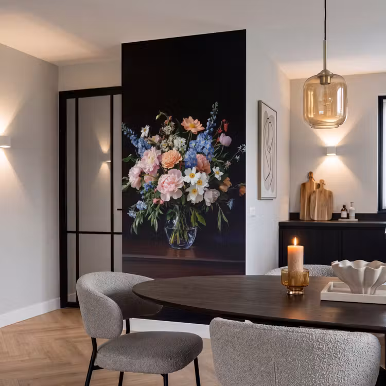 Pastel - Bloemen - Glazen - Vaas Behang Vlies klein -sfeer3