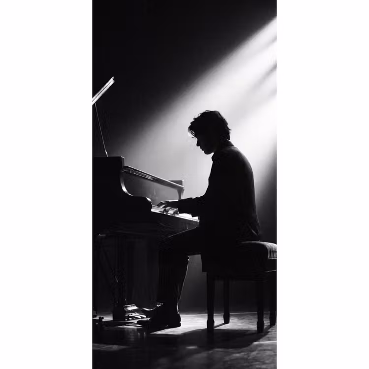 Persoon - Piano - Muziek - Zwart-wit - Podium Behang Vlies klein -3d_website