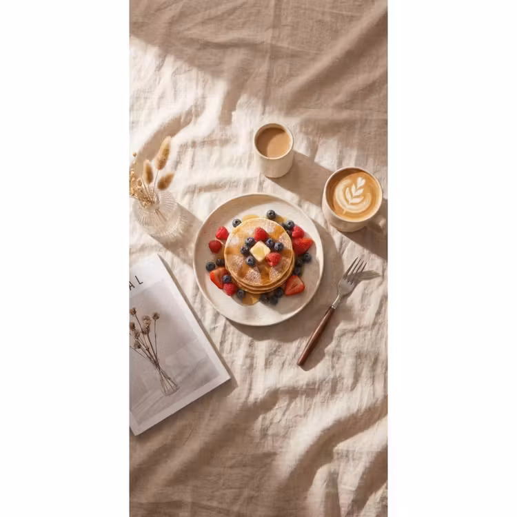 Tapete - Pfannkuchen – Beeren – Frühstück – Modern – Beige - Pannenkoeken - Bessen - Ontbijt - Modern - Beige Behang Vlies klein