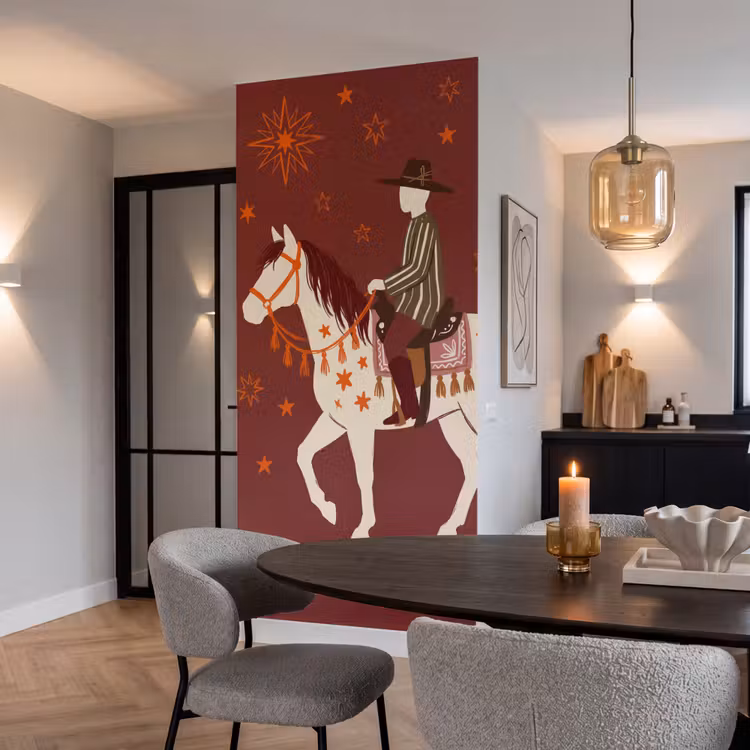 Paard - Ruiter - Sterren - Nacht - Illustratie Behang Vlies klein -sfeer3