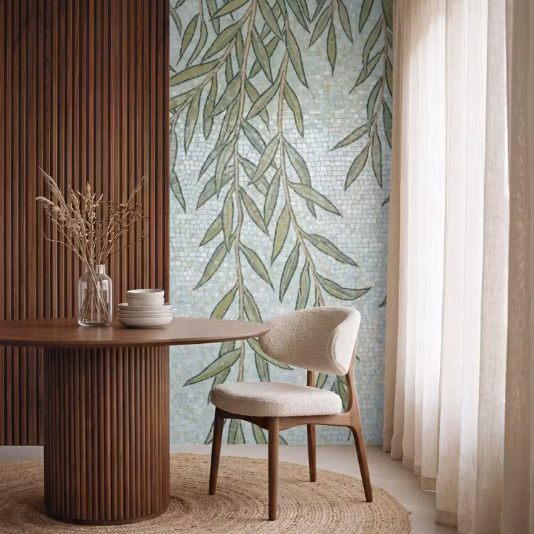 Planten - Mozaïek - Patroon - Groen - Blauw Behang Vlies klein -sfeer1