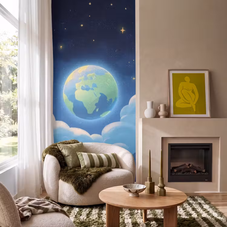 Planeet - Wolken - Sterren - Blauw Behang Vlies klein -sfeer2