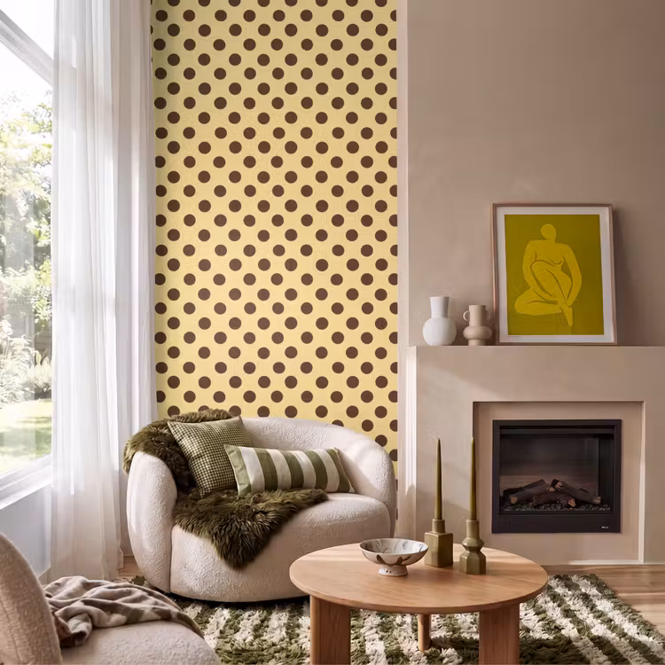 Polka Dot - Stippen - Retro - Geel - Bruin Behang Vlies klein 1076 -sfeer2