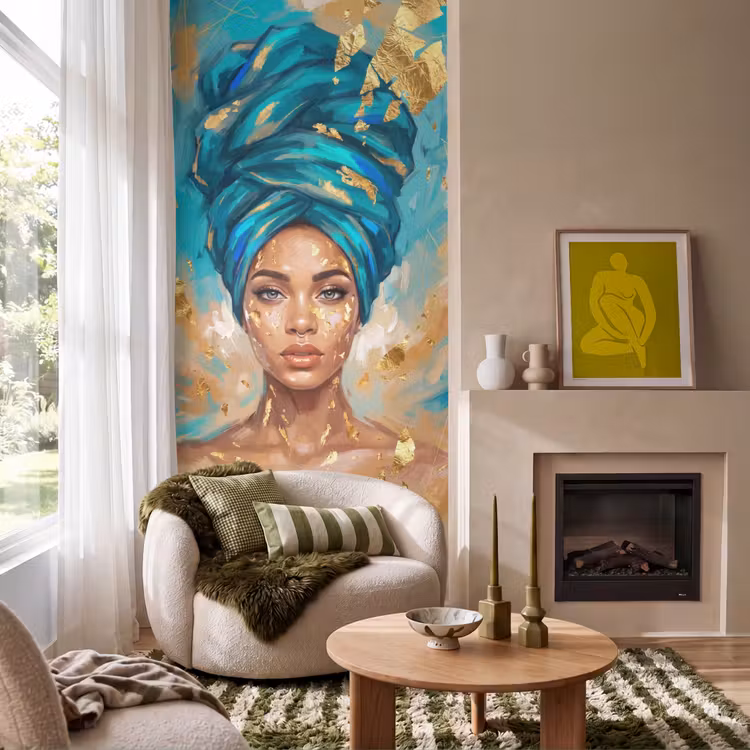 Portret - Vrouw - Schilderij - Blauw - Goud - Expressief Behang Vlies klein -sfeer2