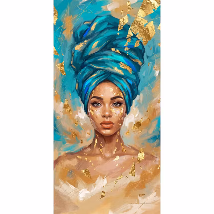 Portret - Vrouw - Schilderij - Blauw - Goud - Expressief Behang Vlies klein -3d_website