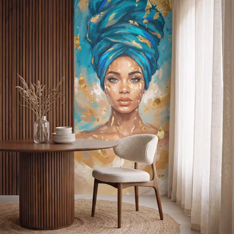Portret - Vrouw - Schilderij - Blauw - Goud - Expressief Behang Vlies klein -sfeer1