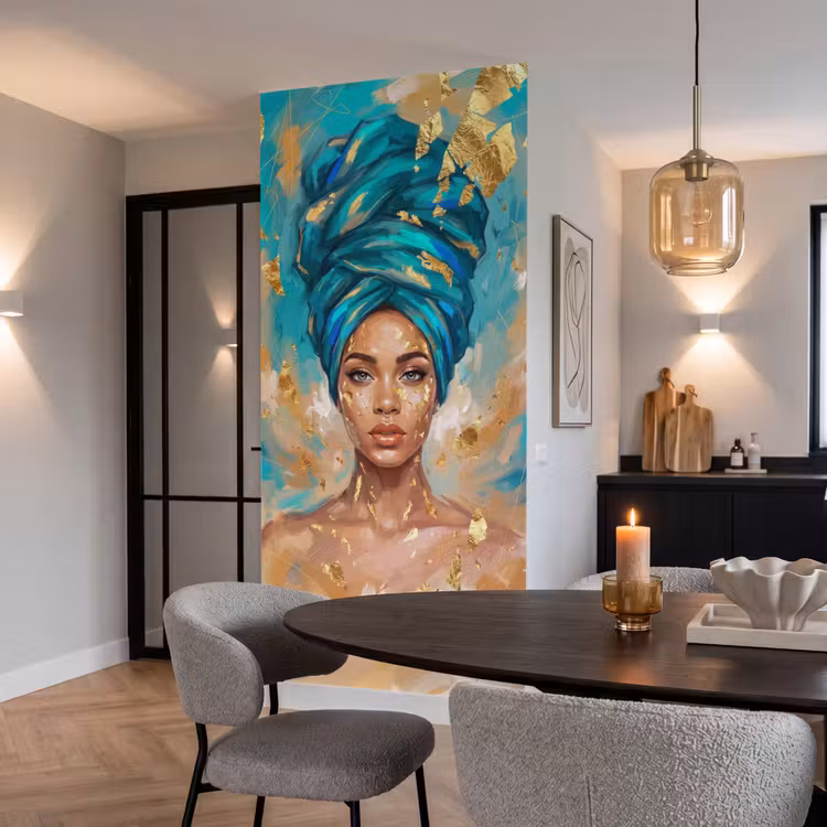 Portret - Vrouw - Schilderij - Blauw - Goud - Expressief Behang Vlies klein -sfeer3