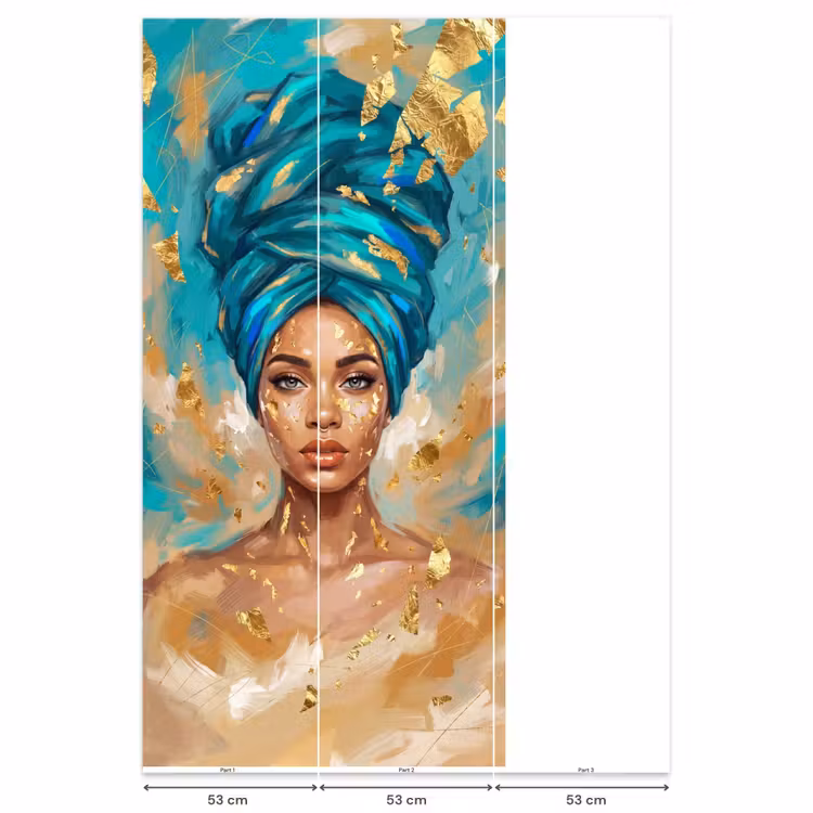 Portret - Vrouw - Schilderij - Blauw - Goud - Expressief Behang Vlies klein -USP_banen