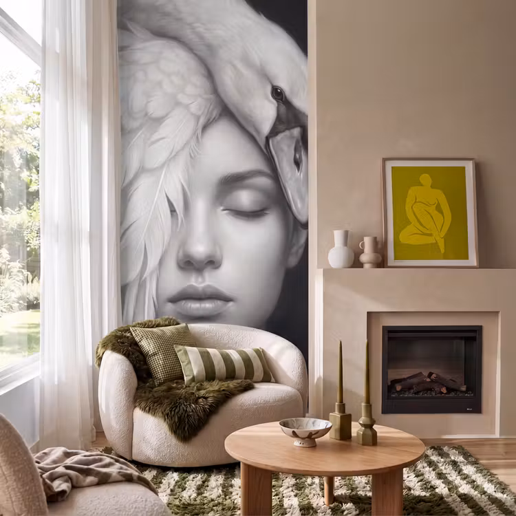 Portret - Zwaan - Zwart - Wit Behang Vlies klein -sfeer2