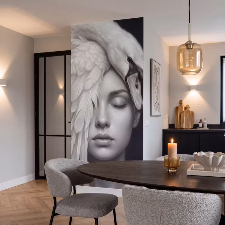 Portret - Zwaan - Zwart - Wit Behang Vlies klein -sfeer3