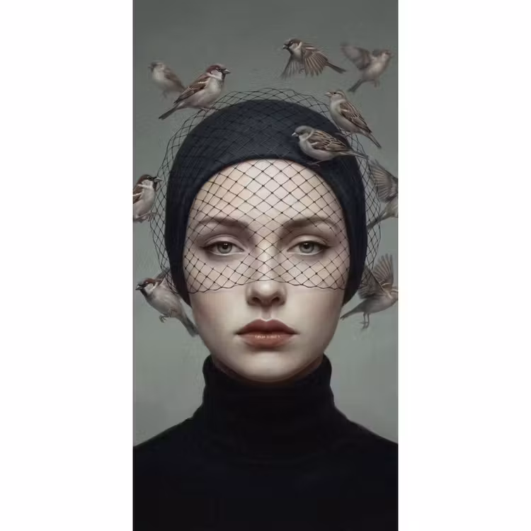 Portret - Vogels - Zwart Behang Vlies klein -3d_website