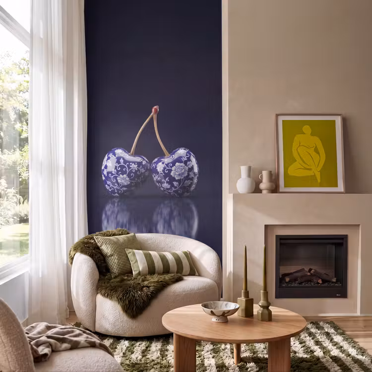 Porselein- Kersen - Delfts - Blauw Behang Vlies klein -sfeer2