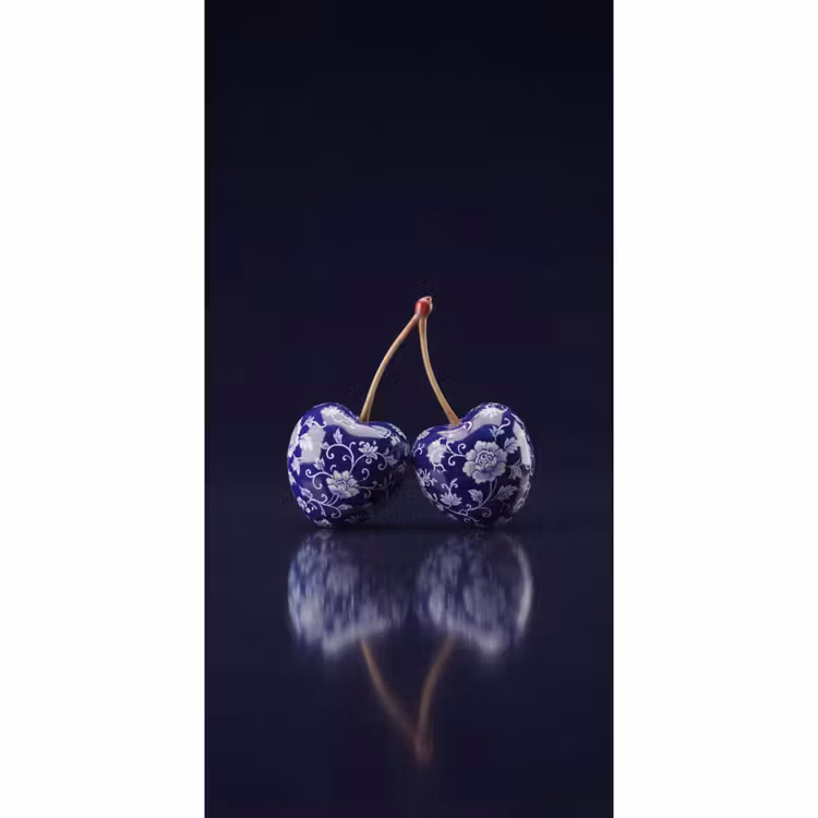Porselein- Kersen - Delfts - Blauw Behang Vlies klein -3d_website