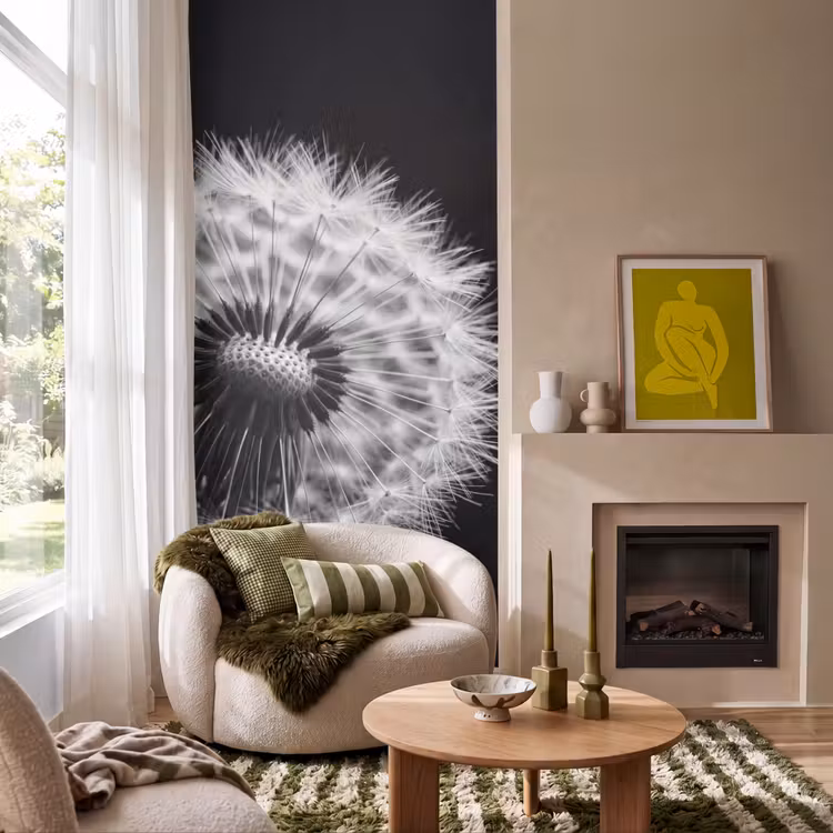 Paardenbloem - Zwart - Wit Behang Vlies klein -sfeer2