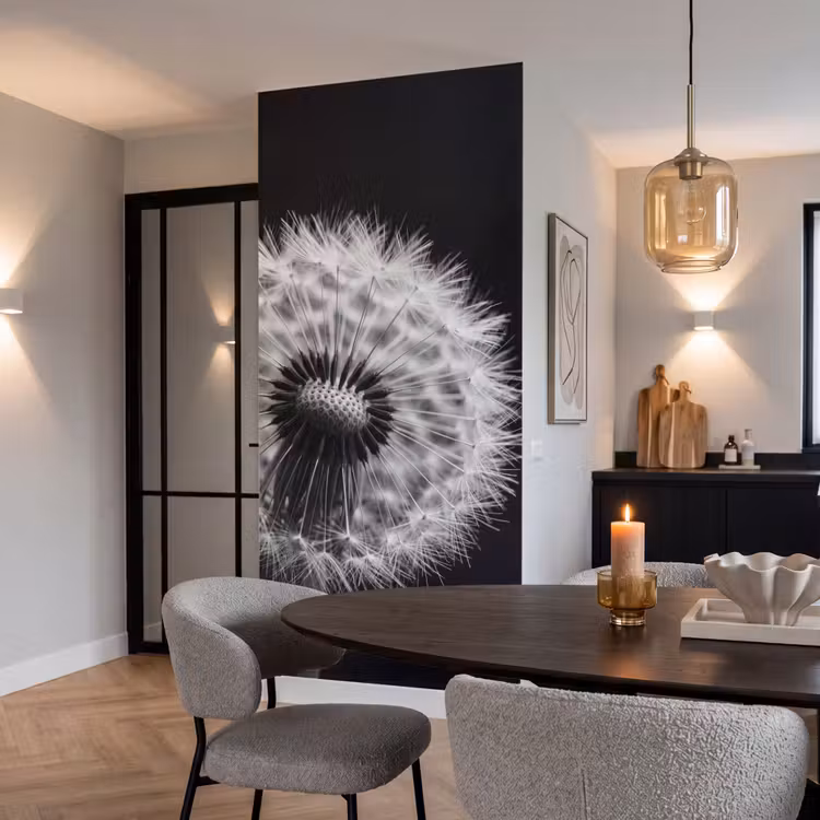 Paardenbloem - Zwart - Wit Behang Vlies klein -sfeer3