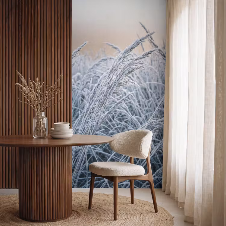 Rijp - Gras - Kristallen - Winter - Minimalistisch Behang Vlies klein -sfeer1