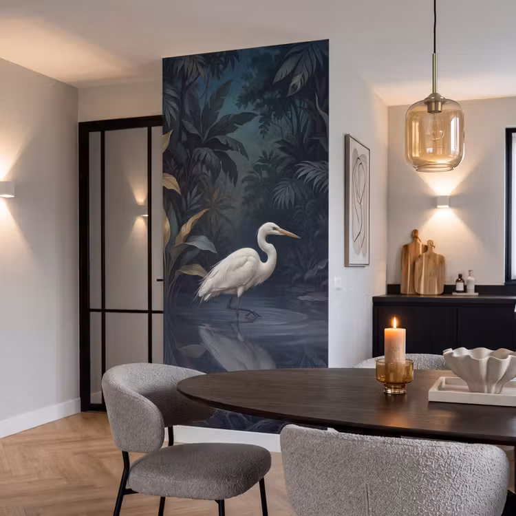 Reiger - Water - Natuur - Modern - Wit Behang Vlies klein -sfeer3