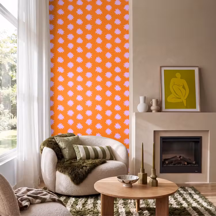 Retro - Bloemen - Oranje Behang Vlies klein 1076 -sfeer2