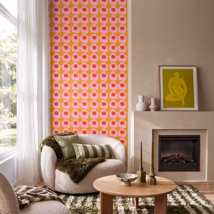 Retro - Bloemen - Roze Behang Vlies klein 1076 -sfeer2