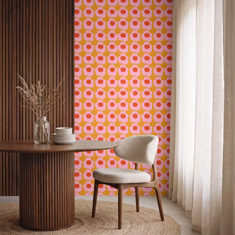 Retro - Bloemen - Roze Behang Vlies klein 1076 -sfeer1