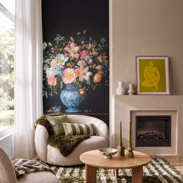 Roze - Bloemen - Vaas - Kleuren Behang Vlies klein -sfeer2