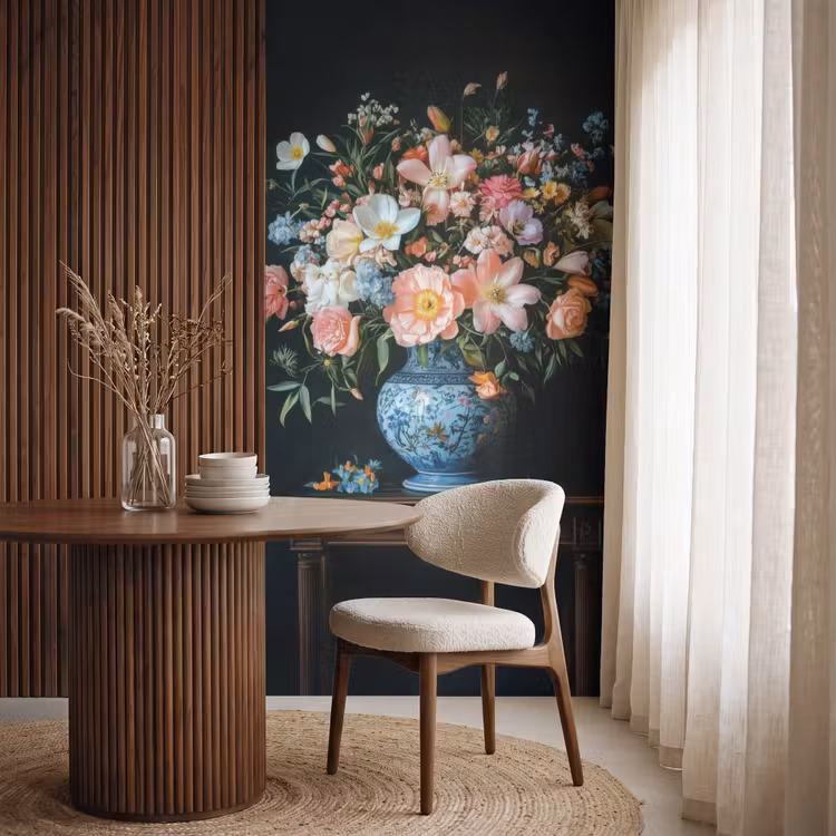 Roze - Bloemen - Vaas - Kleuren Behang Vlies klein -sfeer1