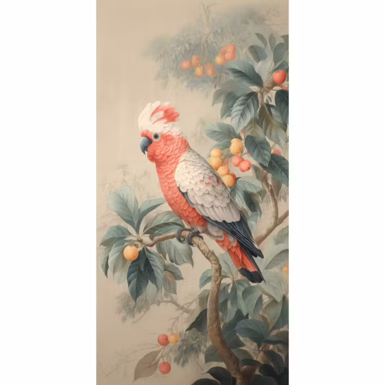 Roze kuifkaketoe - Tak met vruchten - Bladeren Behang Vlies klein -3d_website