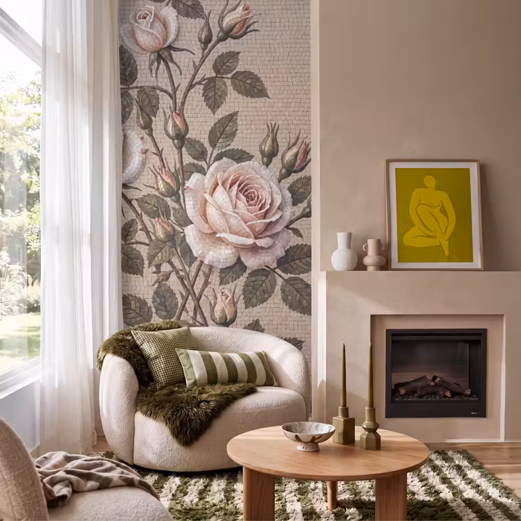 Roos - Mozaïek - Bloemen - Klassiek - Beige Behang Vlies klein -sfeer2