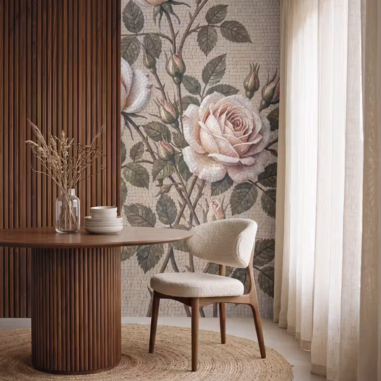 Roos - Mozaïek - Bloemen - Klassiek - Beige Behang Vlies klein -sfeer1