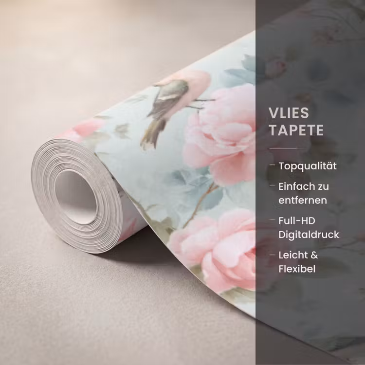 Rozen - Vogels - Pastel - Kleurrijk Behang Vlies klein 1076 -USP_closeupDE