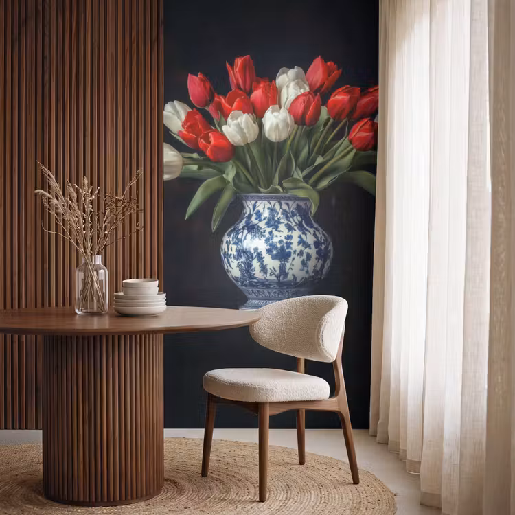 Rode - Bloemen - Tulpen - Vaas Behang Vlies klein -sfeer1
